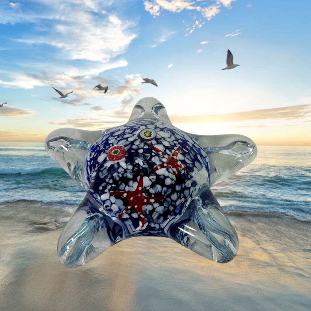 Murano Style Starfish Heavy Glass Multicolored Paperweight Beach Ocean Decor